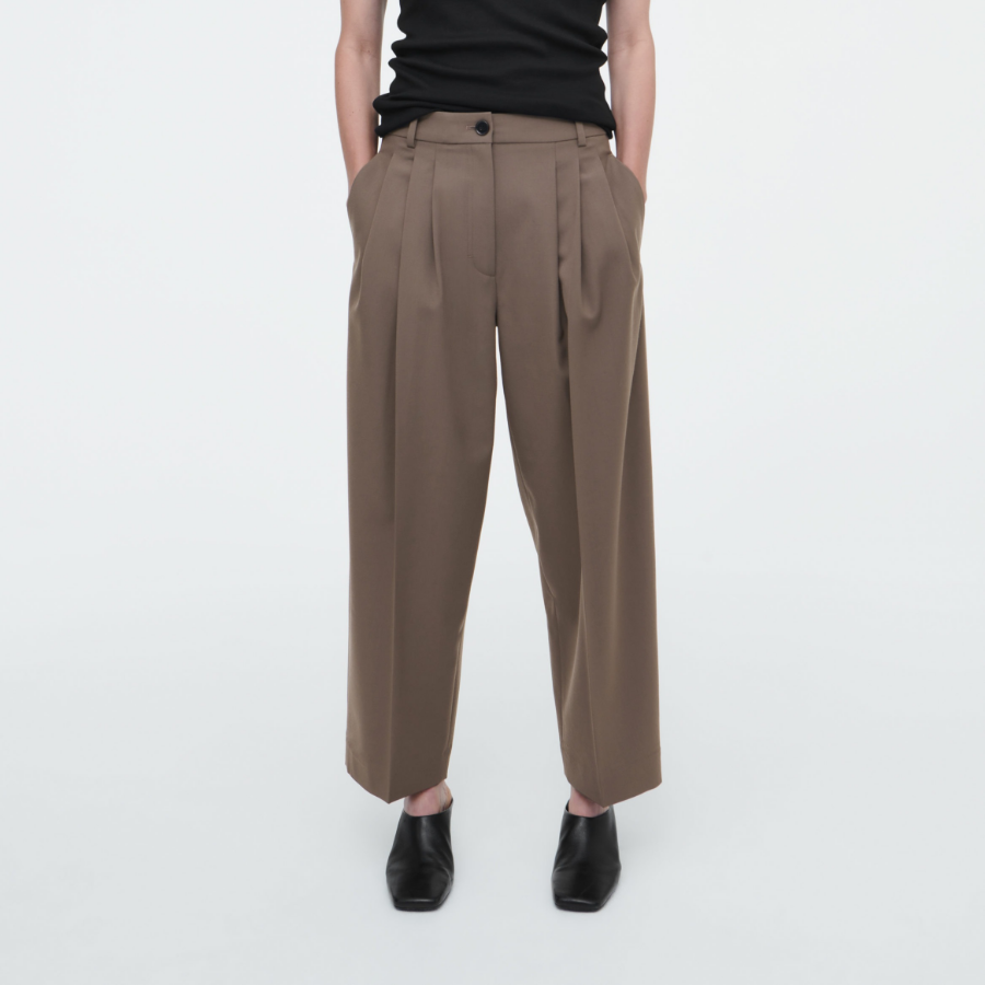 COS Pleated Barrel Leg Wool Blend Trousers – Mole