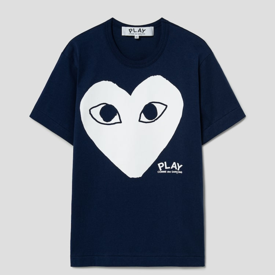White Heart Print PLAY Logo T-Shirt — Navy