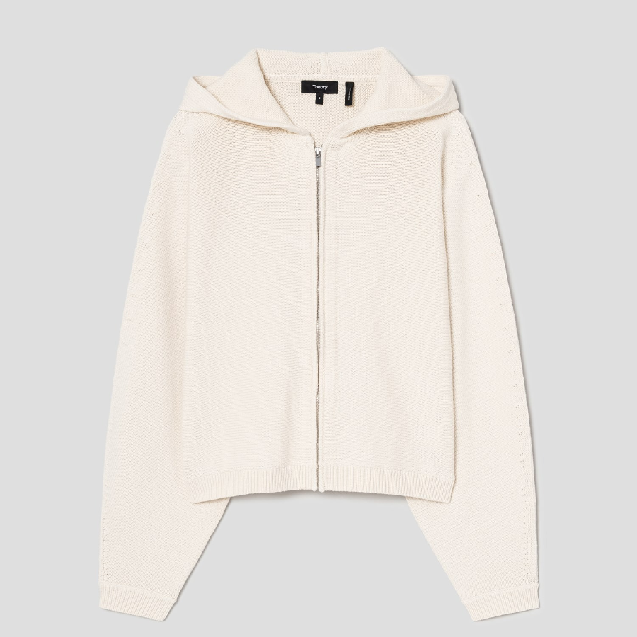 Theory Women Rounded Cotton Zip Up Hoodie Cardigan - Beige