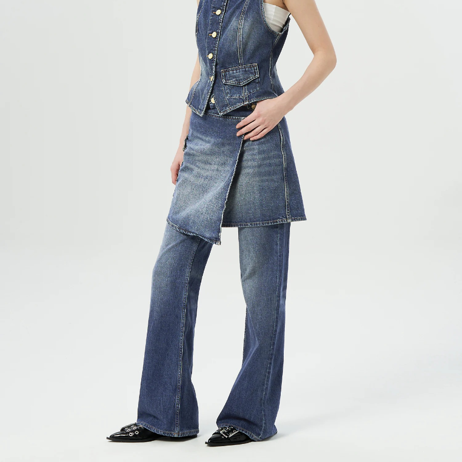 GANNI Heavy Washed Denim Flared Skirt Jeans - Blue