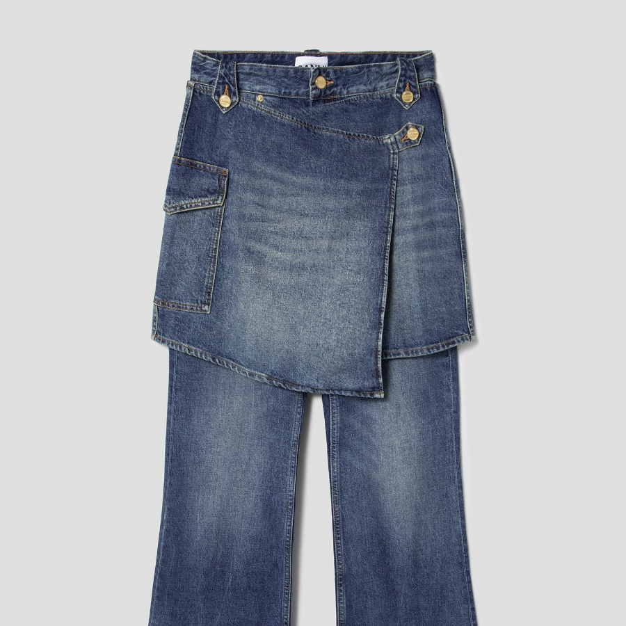 GANNI Heavy Washed Denim Flared Skirt Jeans - Blue