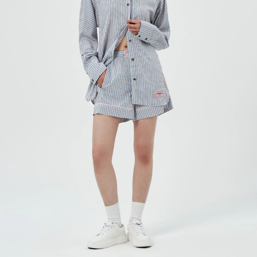 GANNI Yarn Dyed Stripe Elasticated Shorts – Sky Blue