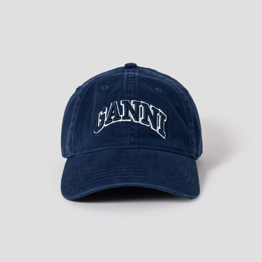 GANNI Washed Cotton Canvas Cap Emb – Navy
