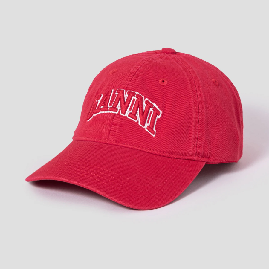 GANNI Washed Cotton Canvas Cap Emb – Red