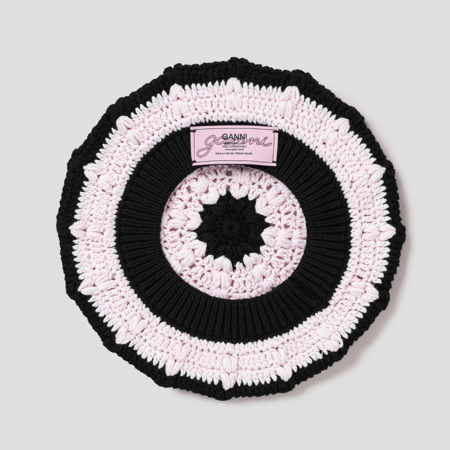 GANNI Cotton Crochet Beret – Light Pink