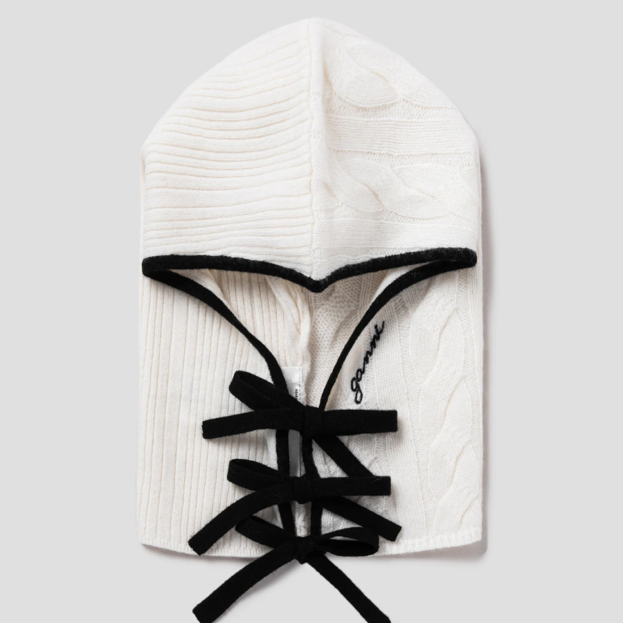 GANNI Cashmere Mix Knit Tie String Balaclava - Ivory