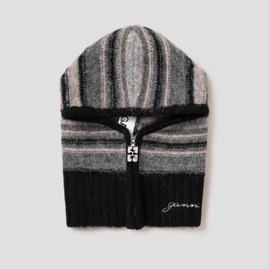 GANNI Striped Soft Wool Zip Balaclava - Ash