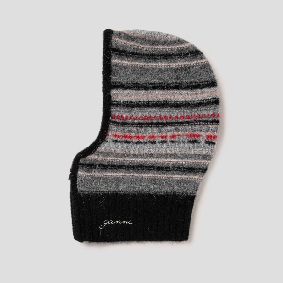 GANNI Striped Soft Wool Zip Balaclava - Ash