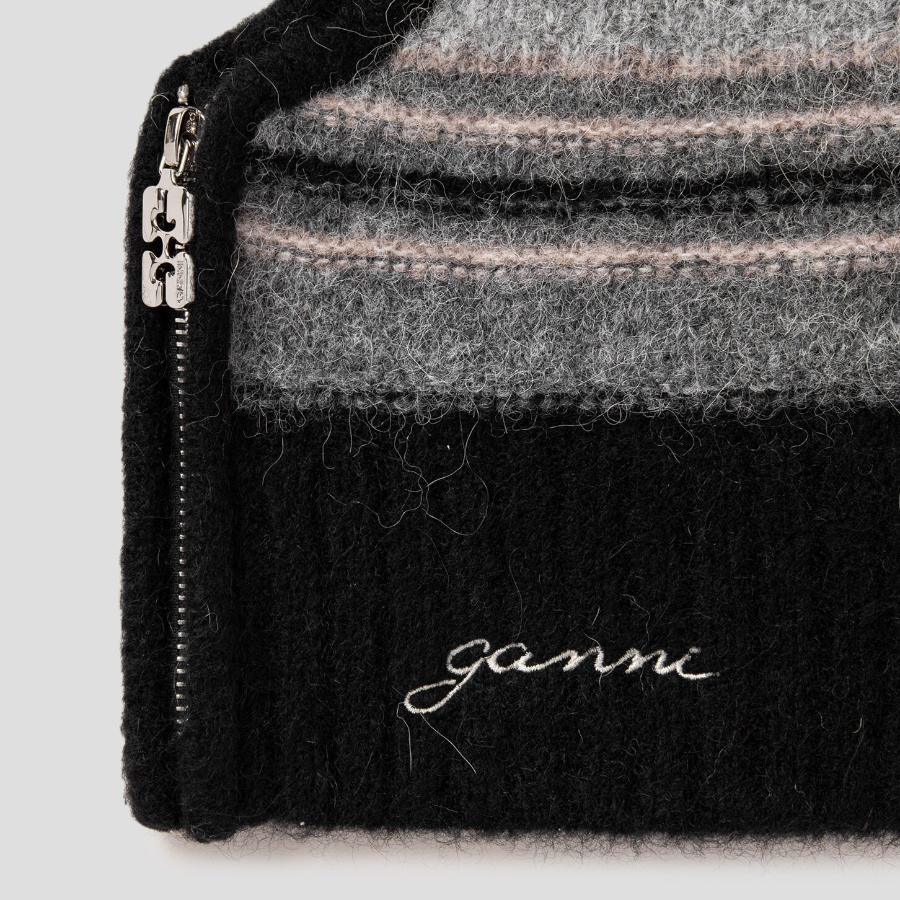 GANNI Striped Soft Wool Zip Balaclava - Ash