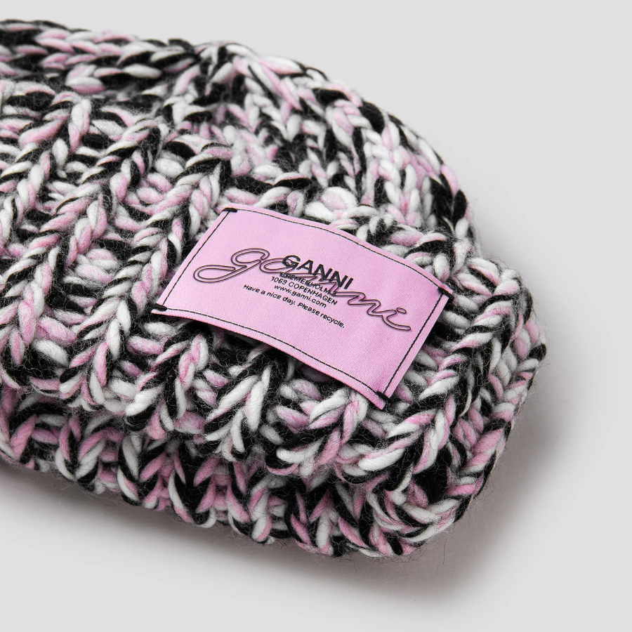 GANNI Graphic Wool Handknit Beanie - Light Pink