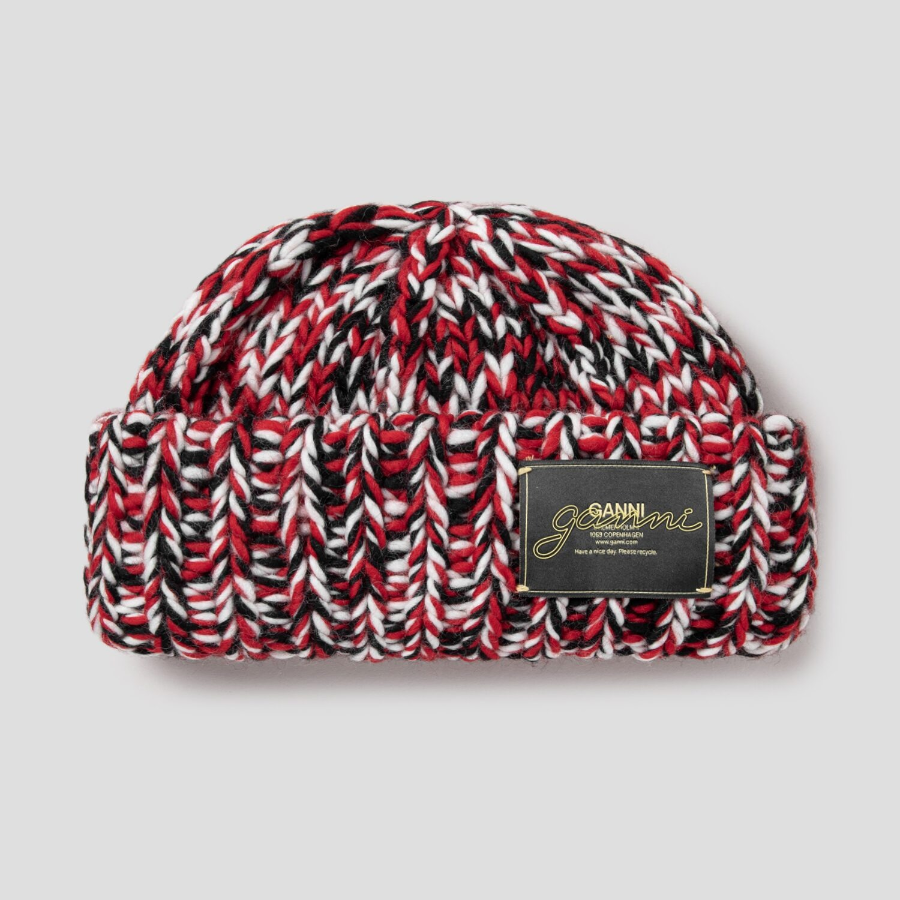 GANNI Graphic Wool Handknit Beanie - Red