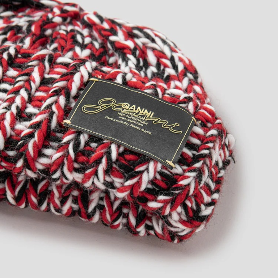 GANNI Graphic Wool Handknit Beanie - Red