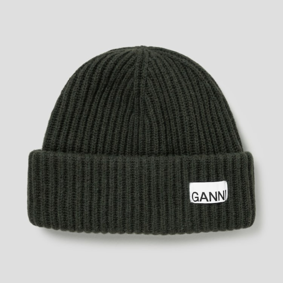 GANNI Structured Rib Beanie - Khaki
