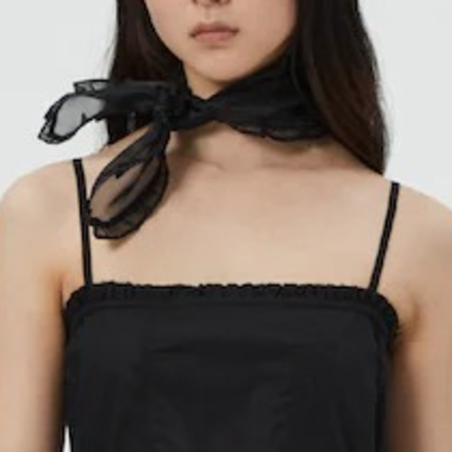 GANNI Silk Organza Frill Scarf - Black