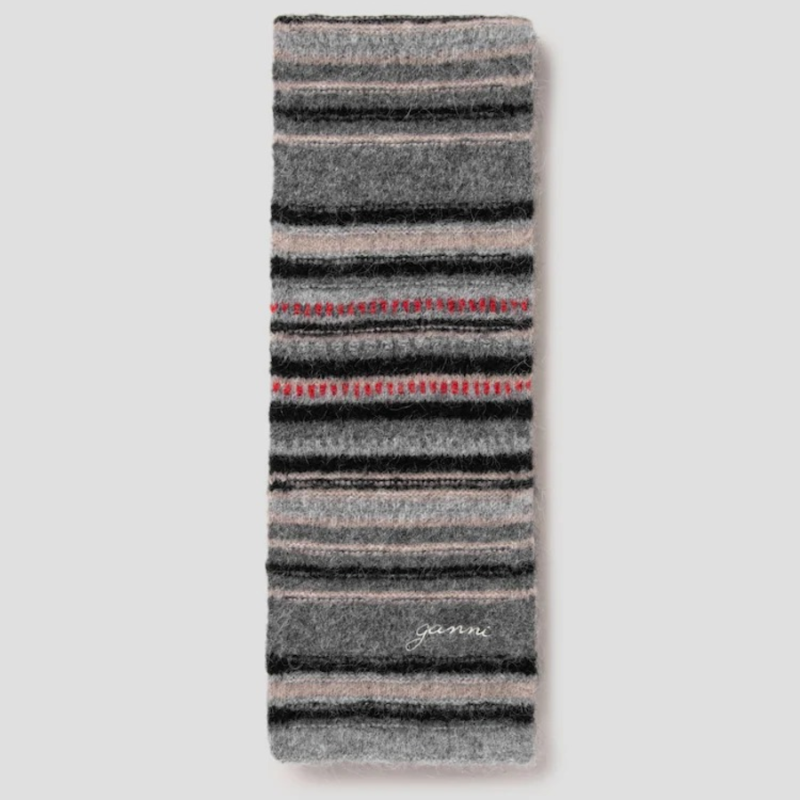GANNI Striped Soft Wool Scarf - Ash