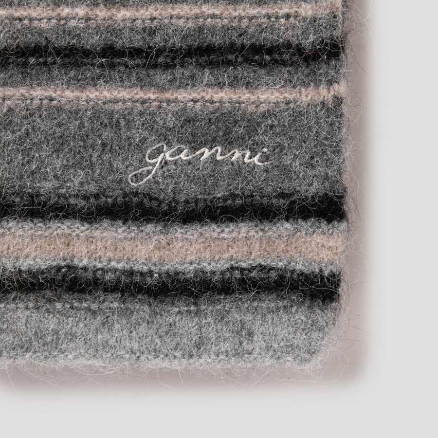 GANNI Striped Soft Wool Scarf - Ash