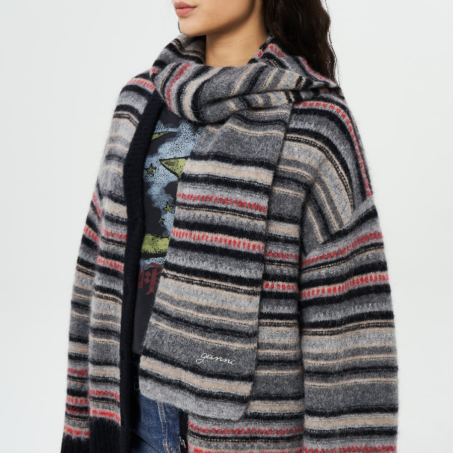 GANNI Striped Soft Wool Scarf - Ash