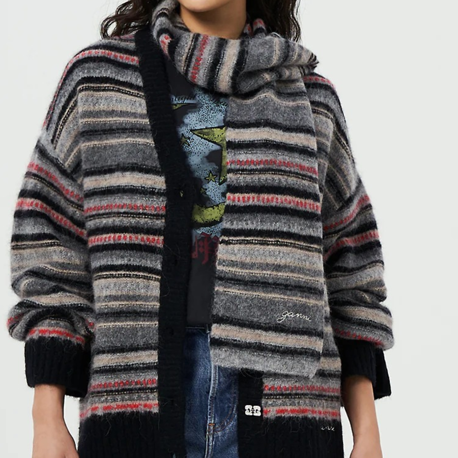 GANNI Striped Soft Wool Scarf - Ash