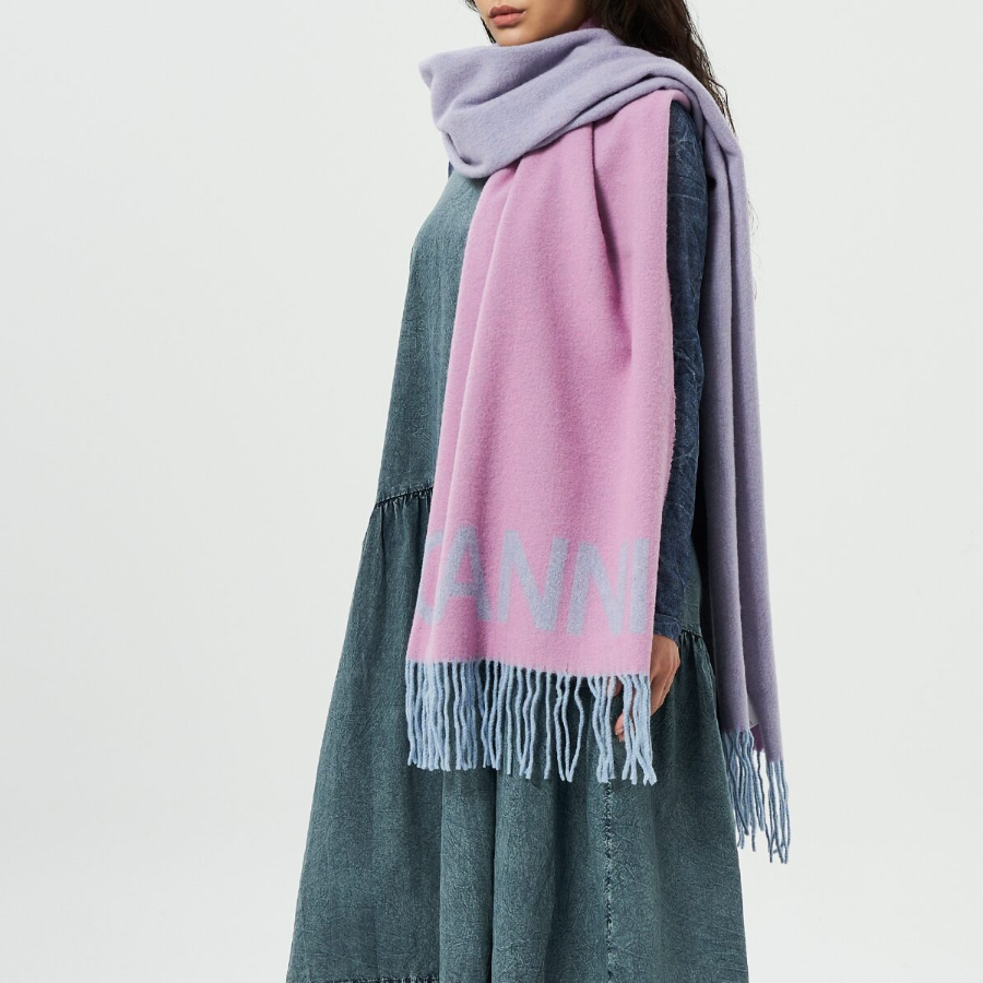 GANNI Fringed Wool Scarf - Light Pink