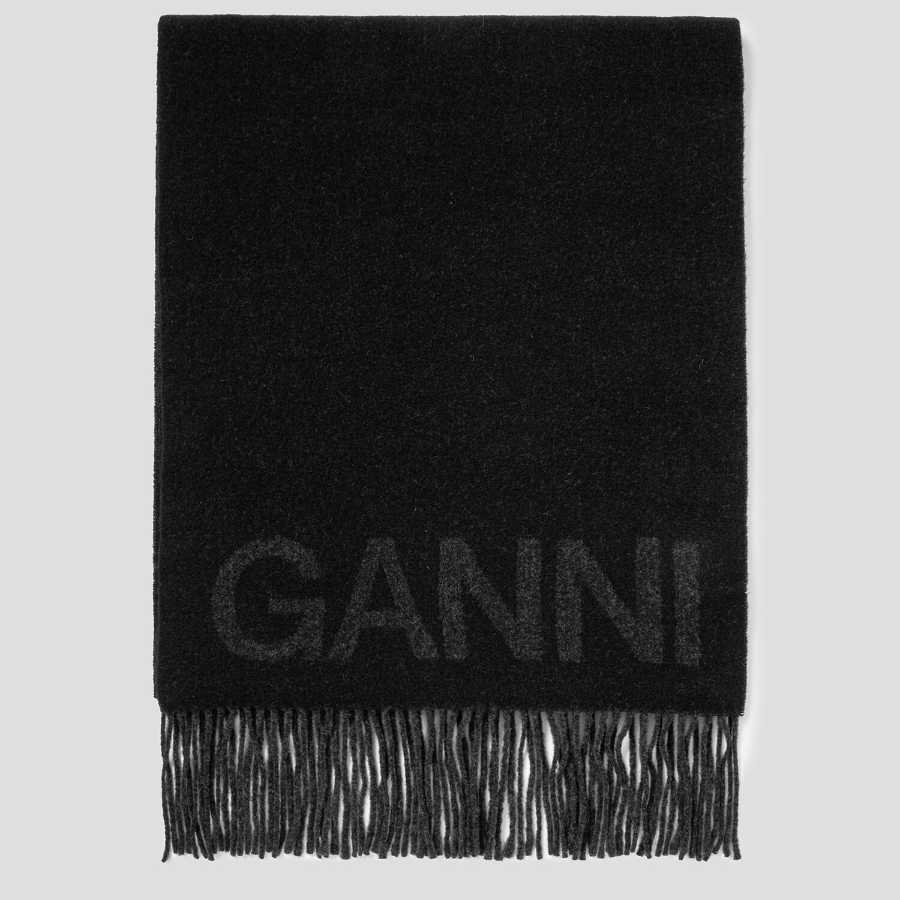 GANNI Fringed Wool Scarf – Black