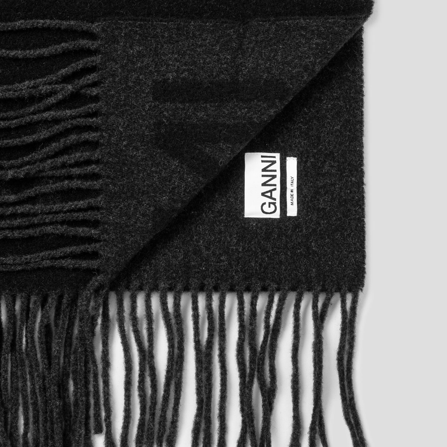 GANNI Fringed Wool Scarf – Black