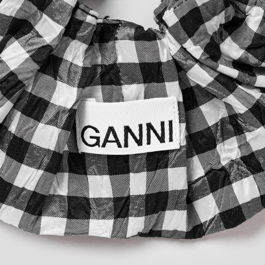 GANNI Crinkled Taffeta Check Scrunchie – Black