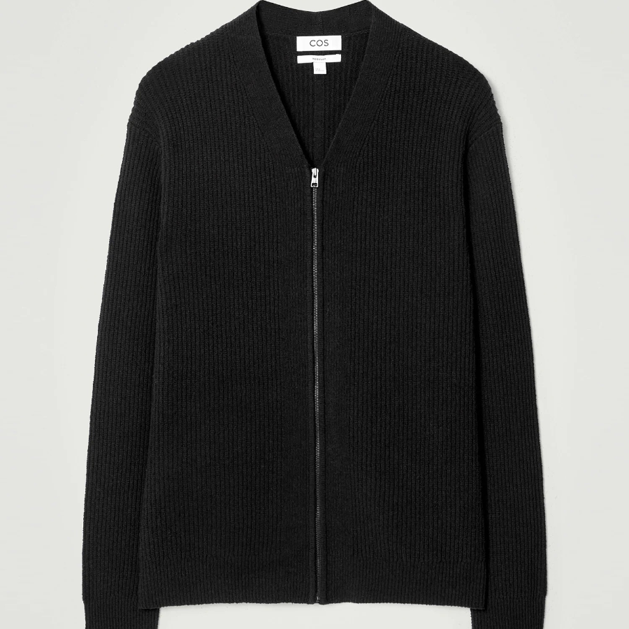COS Bouclé Knit V-Neck Zip Cardigan – Black