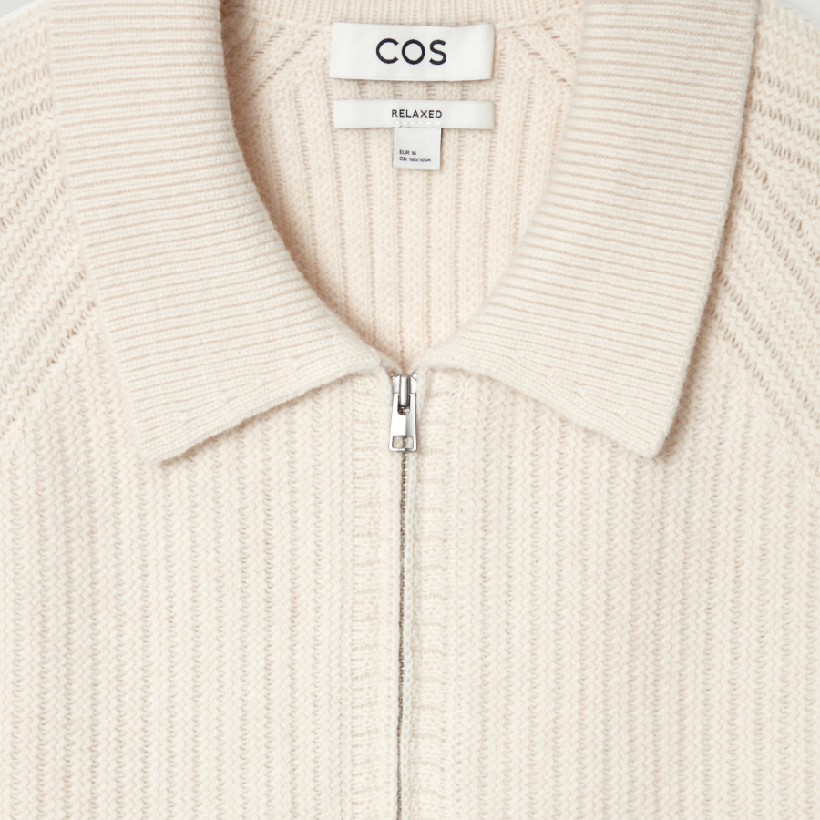COS Collar Merino Wool Yak Blend Half Zip Sweater – Off White