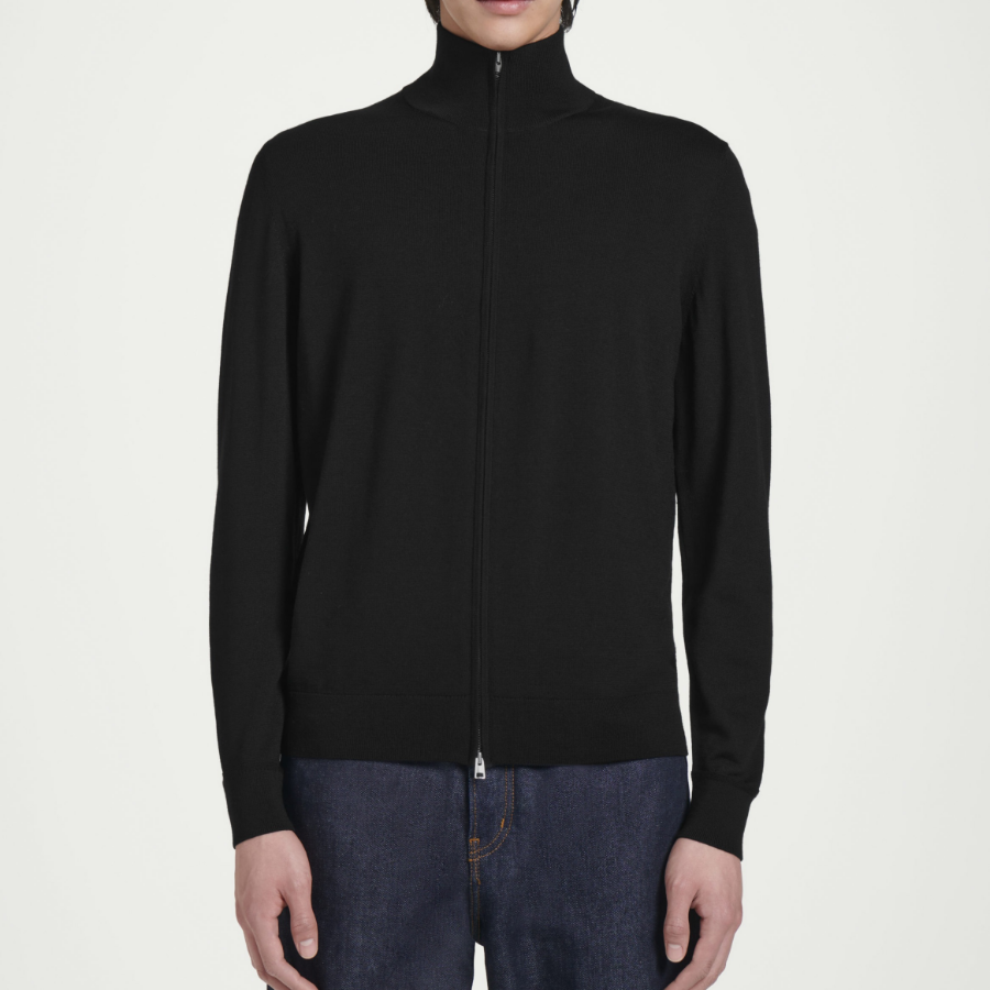 COS Funnel Neck Merino Wool Zip-Up Cardigan – Black