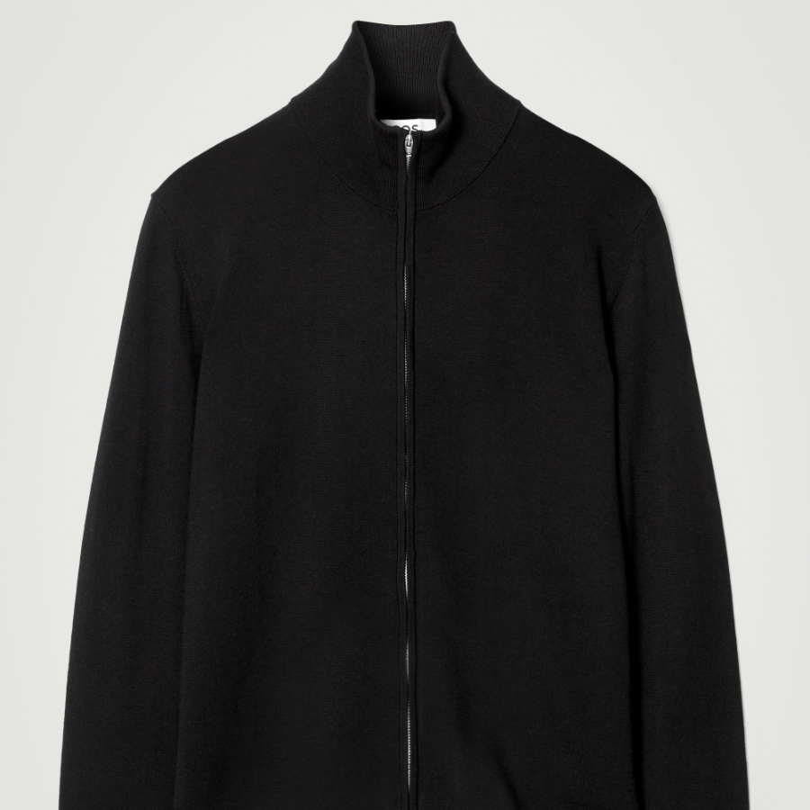 COS Funnel Neck Merino Wool Zip-Up Cardigan – Black