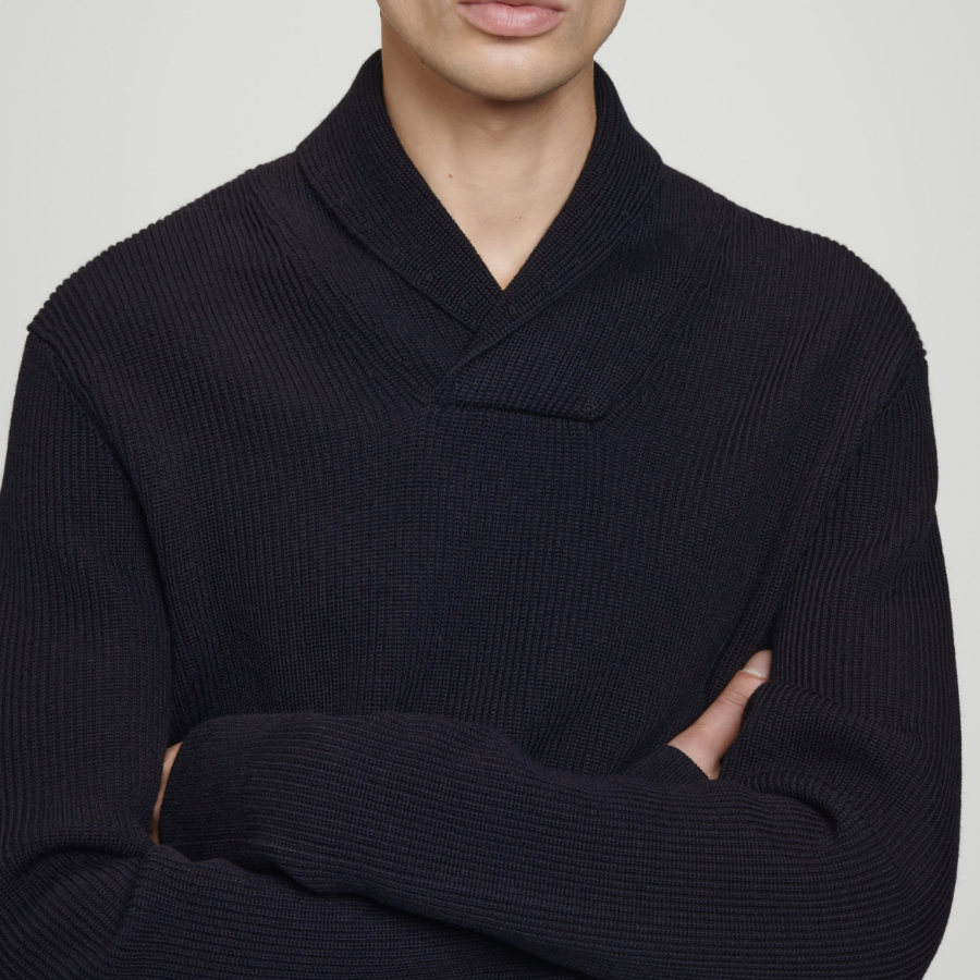 COS Shawl Collar Ribbed Merino Wool Sweater – Navy