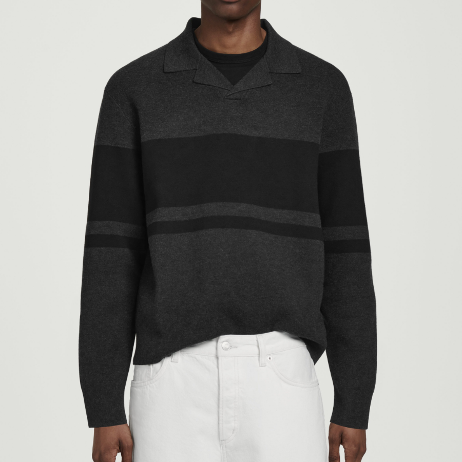 COS Stripe Double-Faced Knit Polo Shirt – Charcoal / Stripe