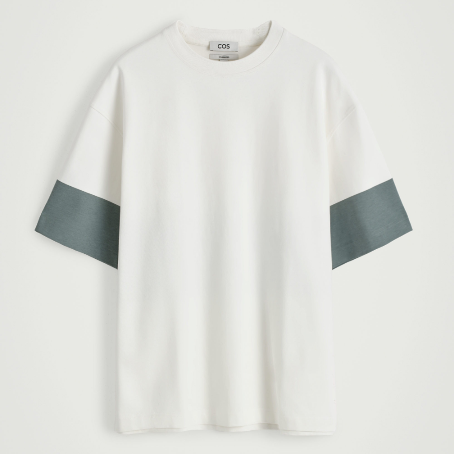 COS Oversized Colour-Block Cotton T-Shirt – White/Steel Blue