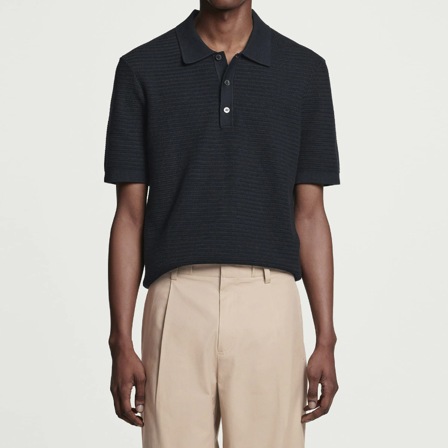 COS Textured Knit Cotton Polo Shirt – Navy