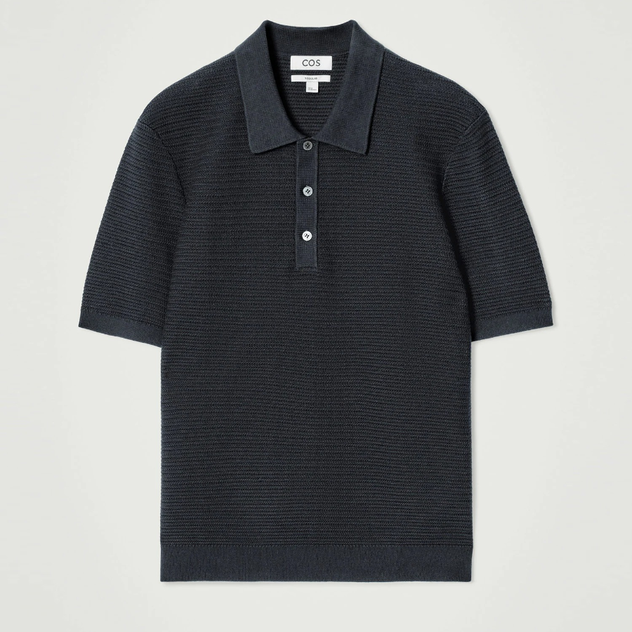 COS Textured Knit Cotton Polo Shirt – Navy