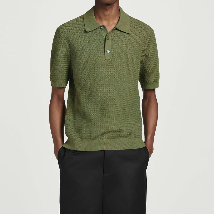 COS Textured Knit Cotton Polo Shirt – Green