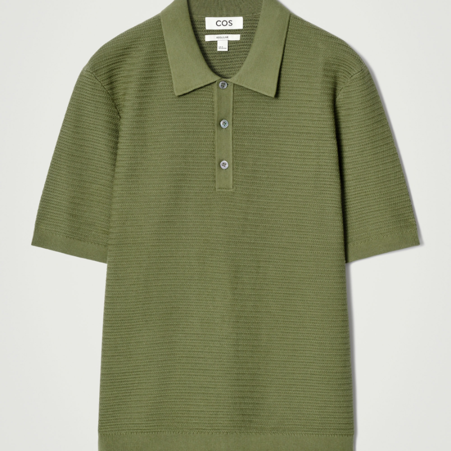 COS Textured Knit Cotton Polo Shirt – Green