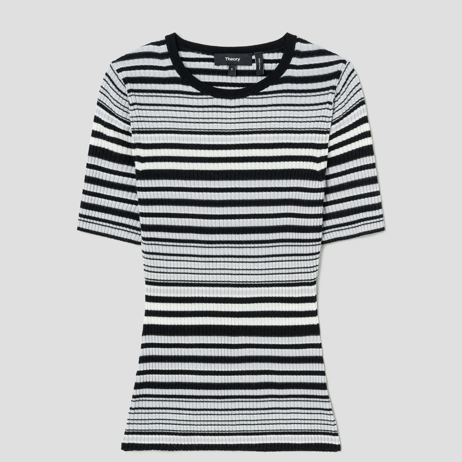 Theory Women Regal Wool Rib Stripe Tee - Black Multi