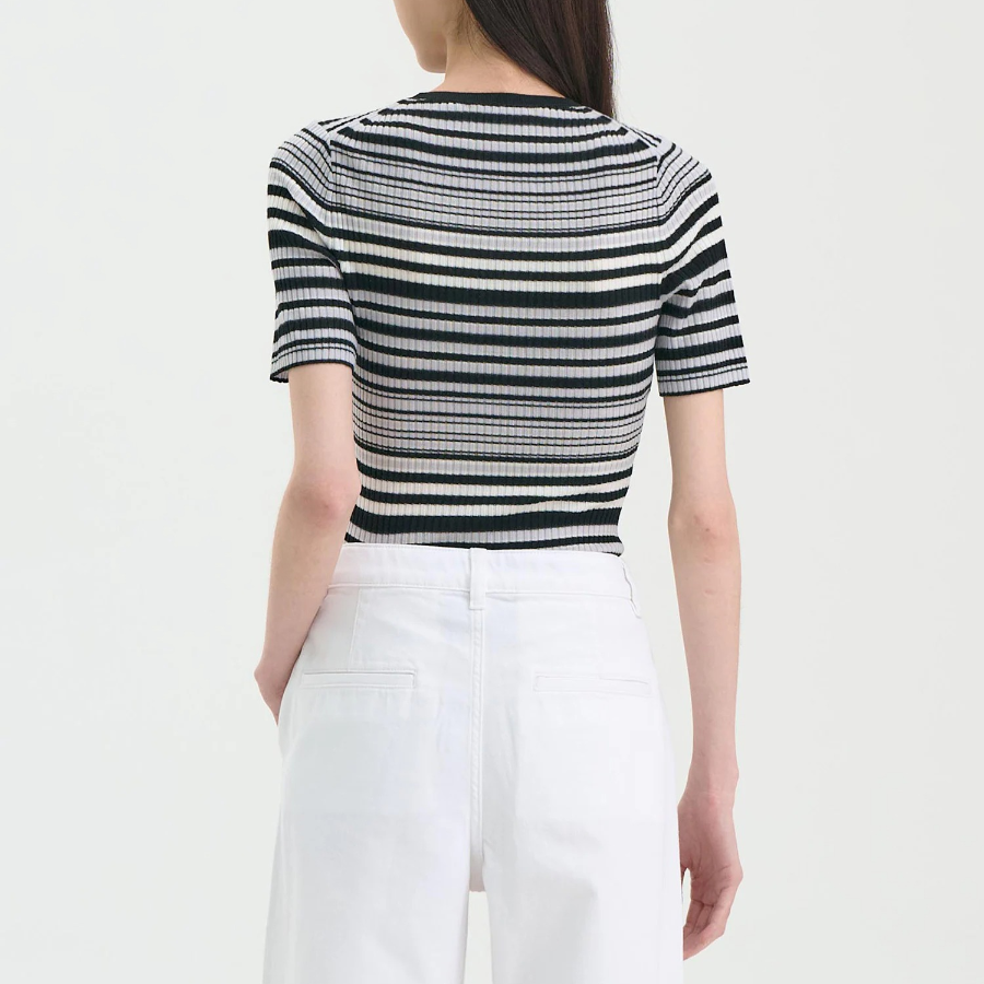 Theory Women Regal Wool Rib Stripe Tee - Black Multi