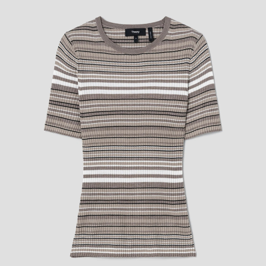 Theory Women Regal Wool Rib Stripe Tee - Light Cinder Multi