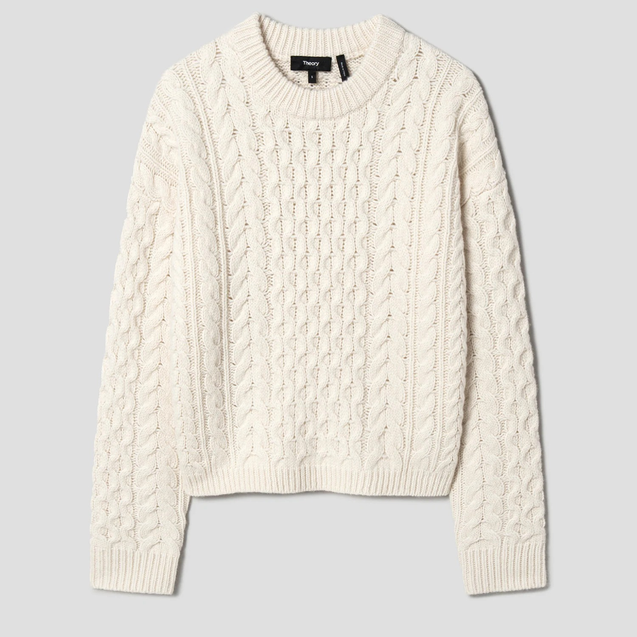 Theory Women Felted Wool Cash Aran Cable Pullover - Ivory