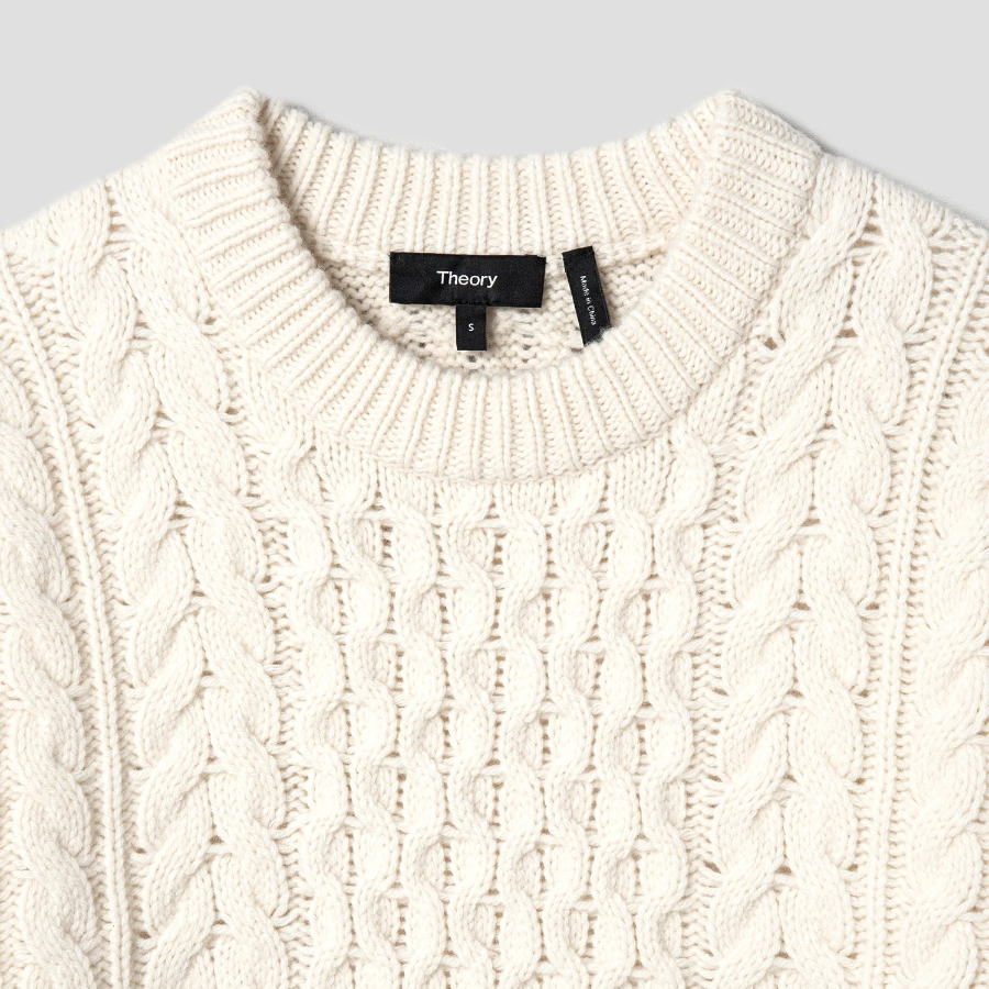 Theory Women Felted Wool Cash Aran Cable Pullover - Ivory