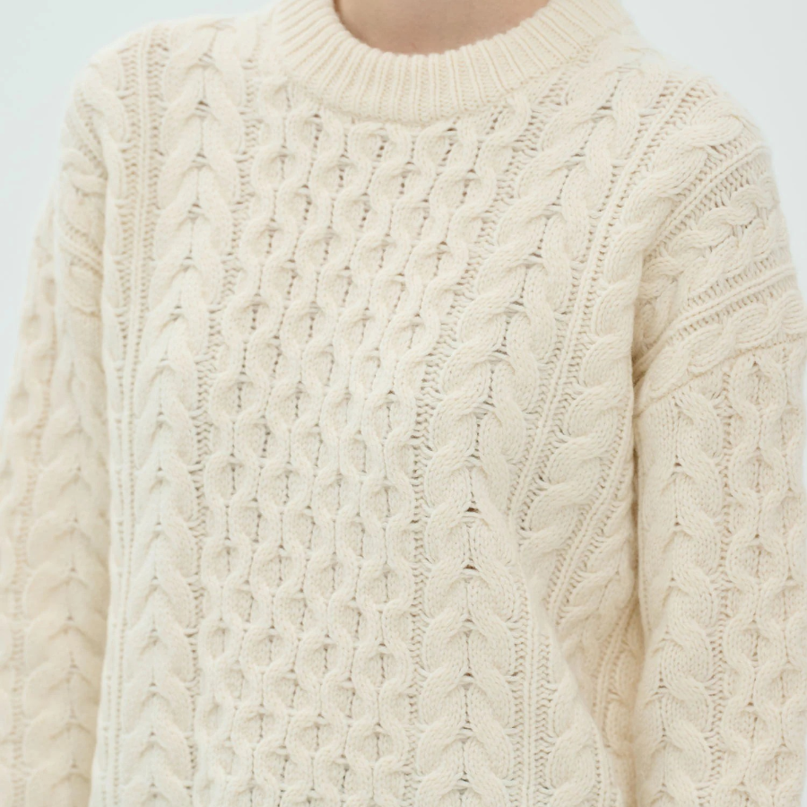 Theory Women Felted Wool Cash Aran Cable Pullover - Ivory