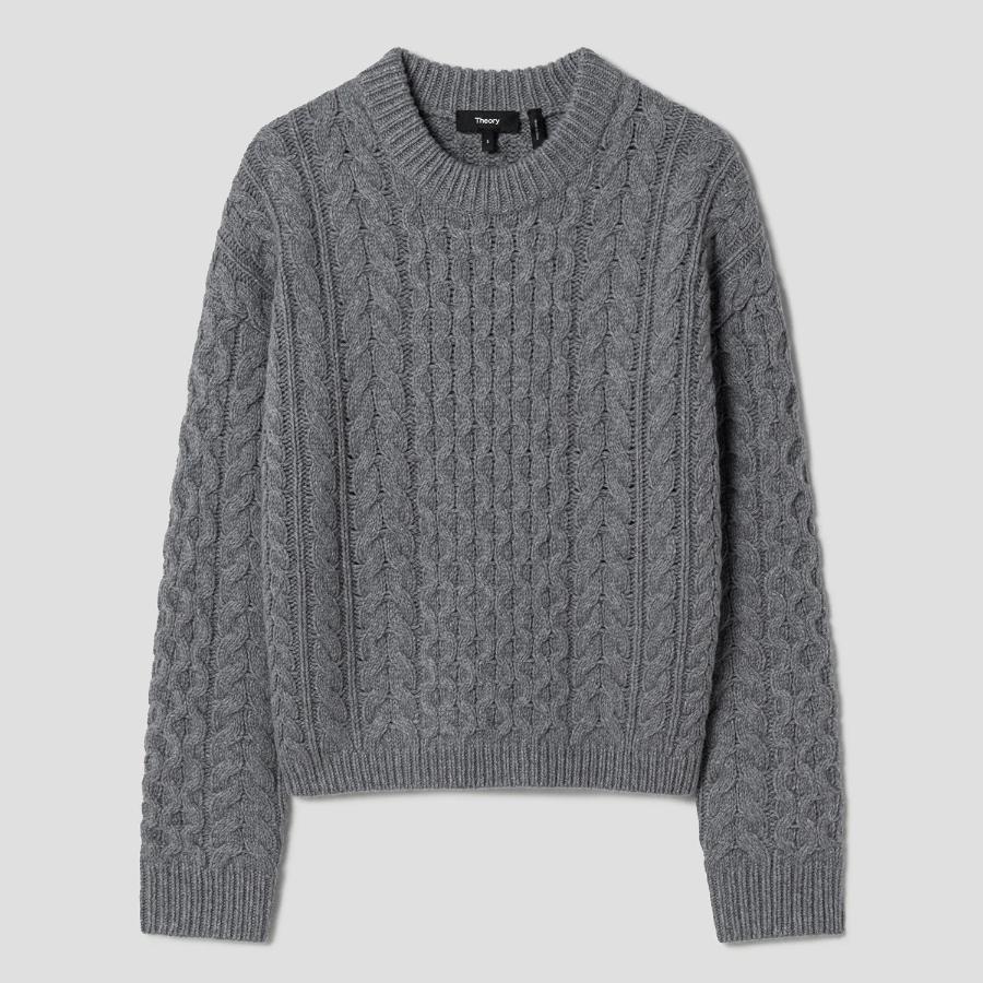 Theory Women Felted Wool Cash Aran Cable Pullover - Ash Melange