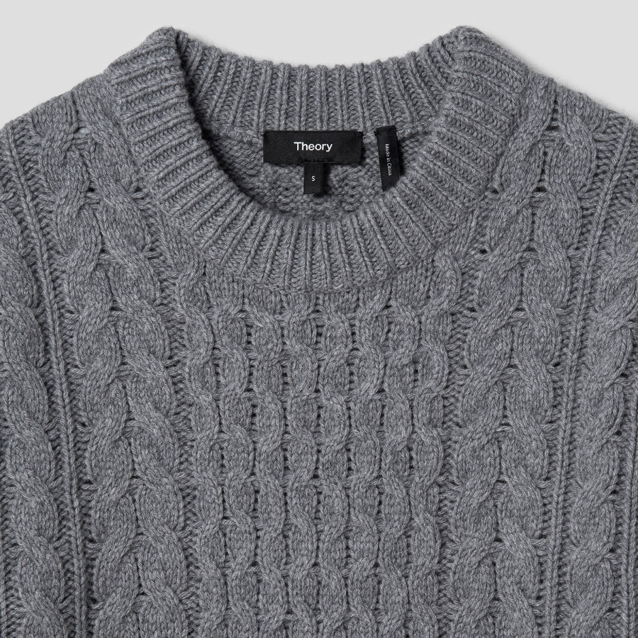 Theory Women Felted Wool Cash Aran Cable Pullover - Ash Melange