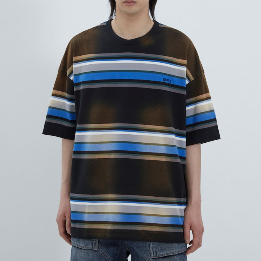 JUUN.J Vintage Six-Block Stripe Oversized Short Sleeve — Blue