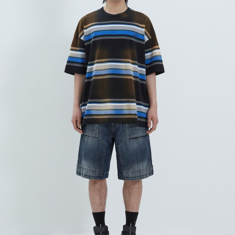 JUUN.J Vintage Six-Block Stripe Oversized Short Sleeve — Blue