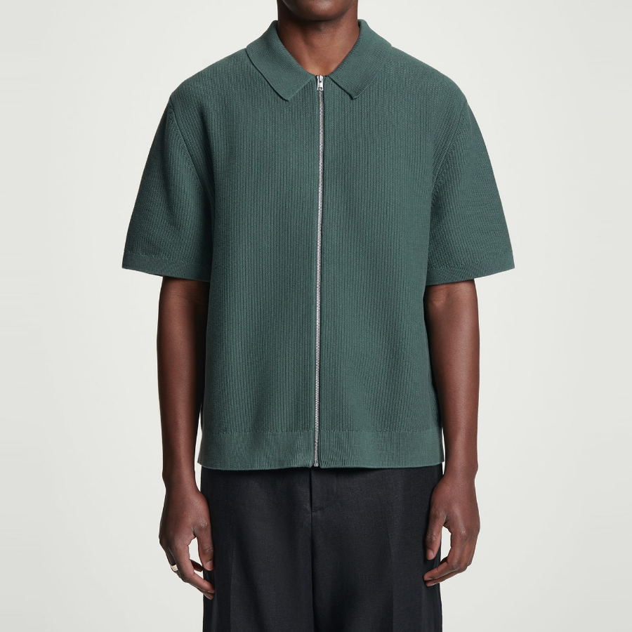 COS Waffle-Knit Cotton Zip Shirt – Pine Green