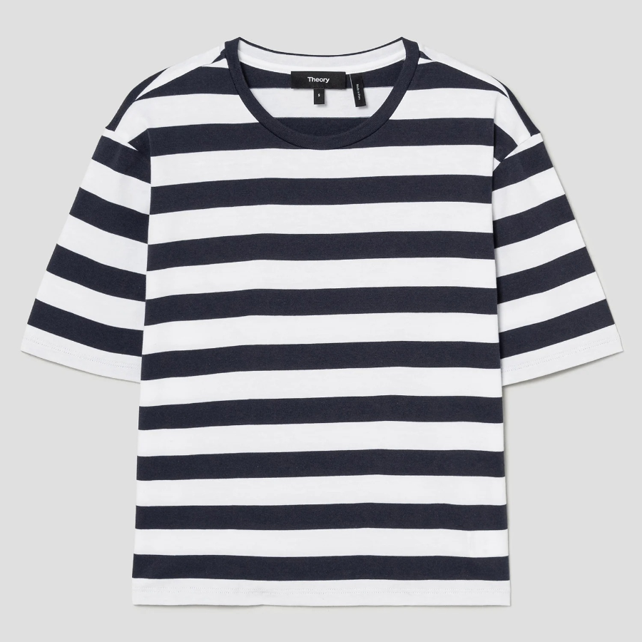 Theory Women Wide Stripe Boxy Crewneck Tee - Navy Multi