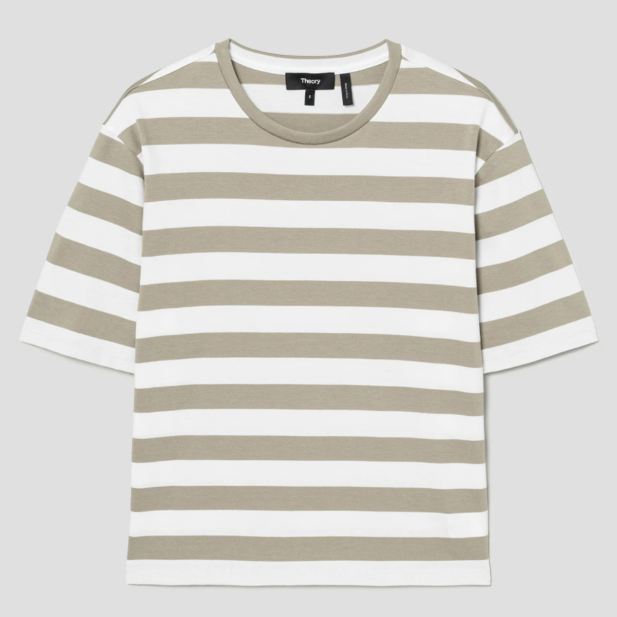 Theory Women Wide Stripe Boxy Crewneck Tee - Taupe Multi